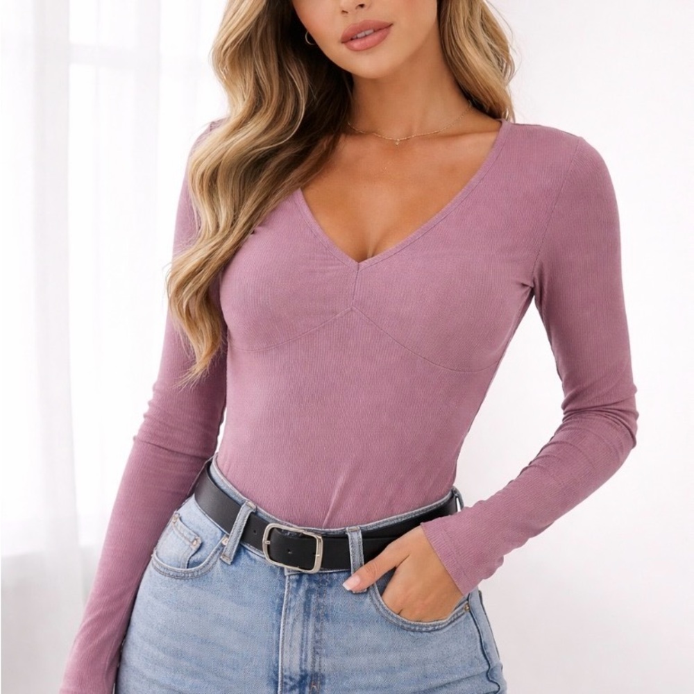Steve Madden Ribbed V-Neck Bodysuit Mauve Purple Size L